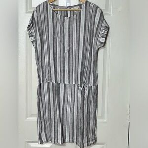 Garnet Hill Meraki Linen Dress XL White/Grey Stripes 1 Front Pocket